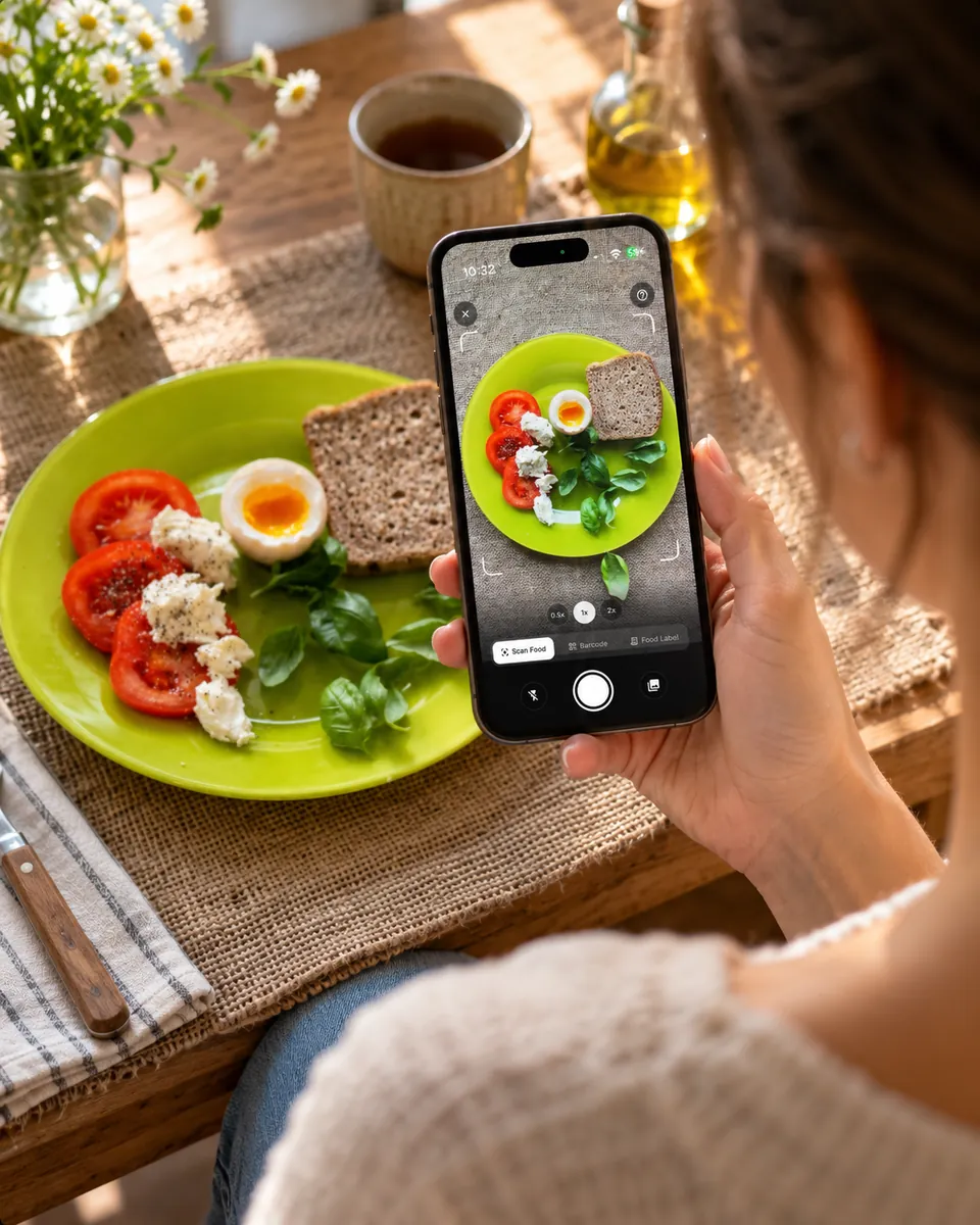 Eine Frau fotografiert ihren Teller mit Tomaten, Mozzarella, Ei und Roggenbrot mit dem Food-Scanner von Smart Calorie Tracker.