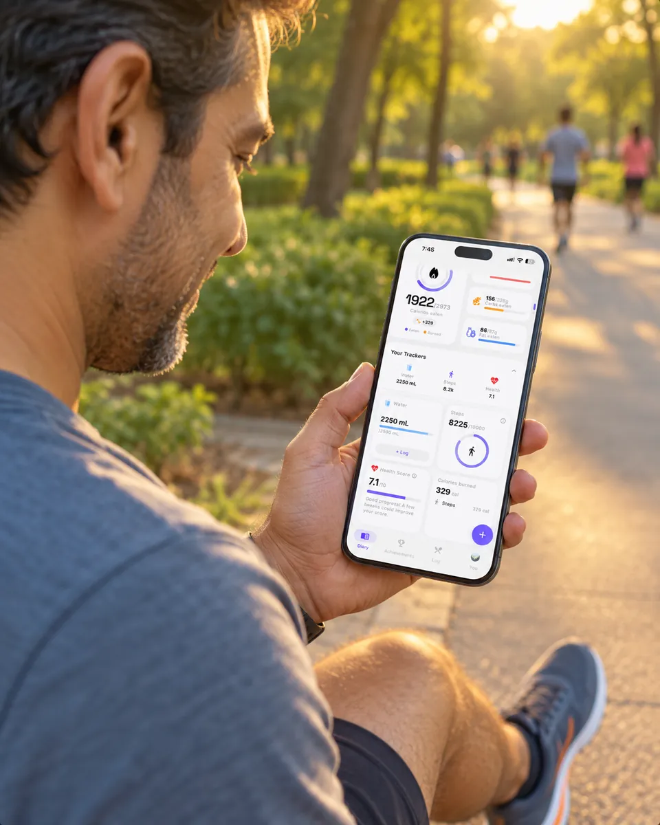 Ein Mann prüft nach einem Spaziergang im Park seine Schritte, sein Wasser und seinen Health Score in Smart Calorie Tracker.