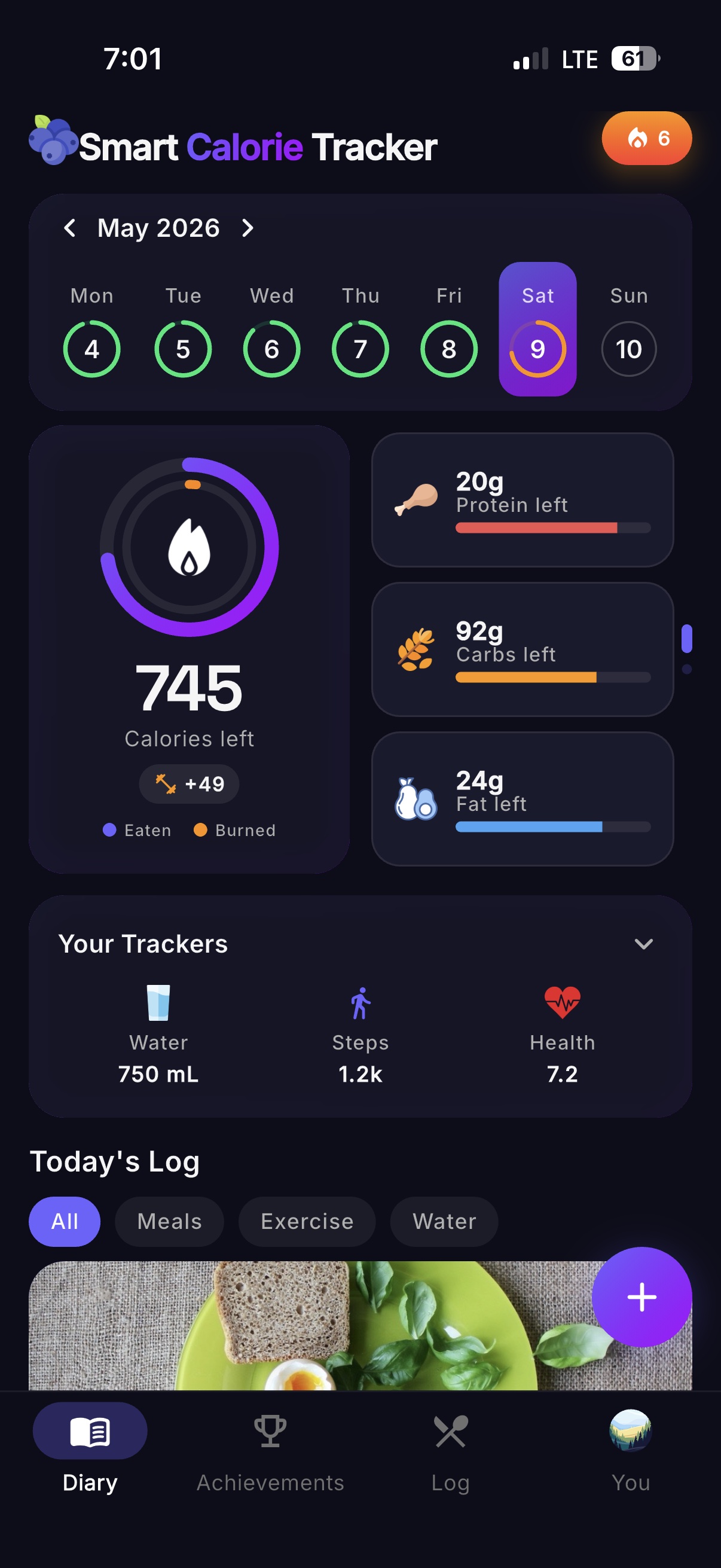 다크 모드의 Smart Calorie Tracker 홈 화면.